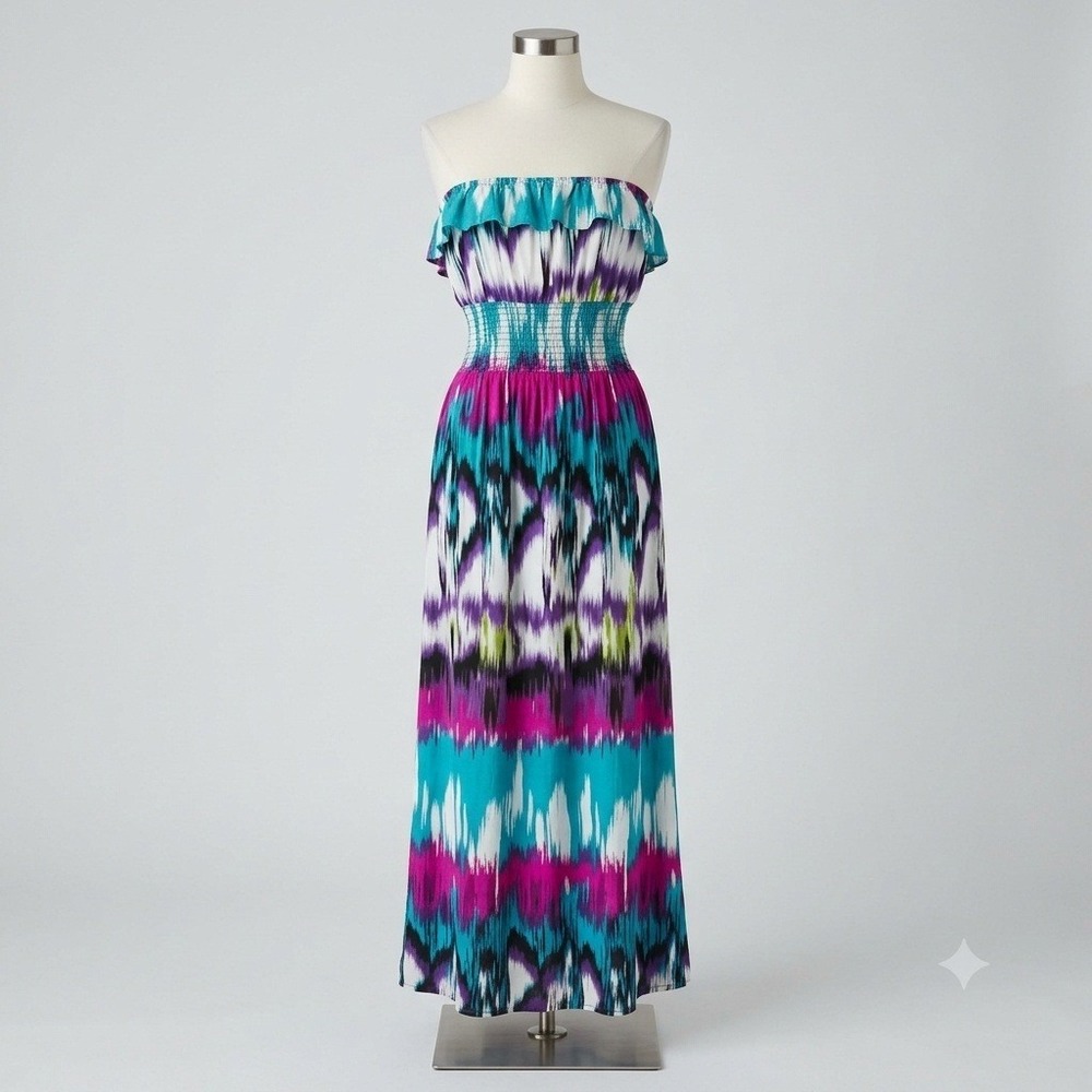 Strapless Maxi Dress Tie Dye Smocked Bodice Turquoise Pink Purple Women's L